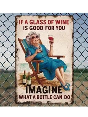 Vintage-Style Metal Sign — Blue Lady with Wine